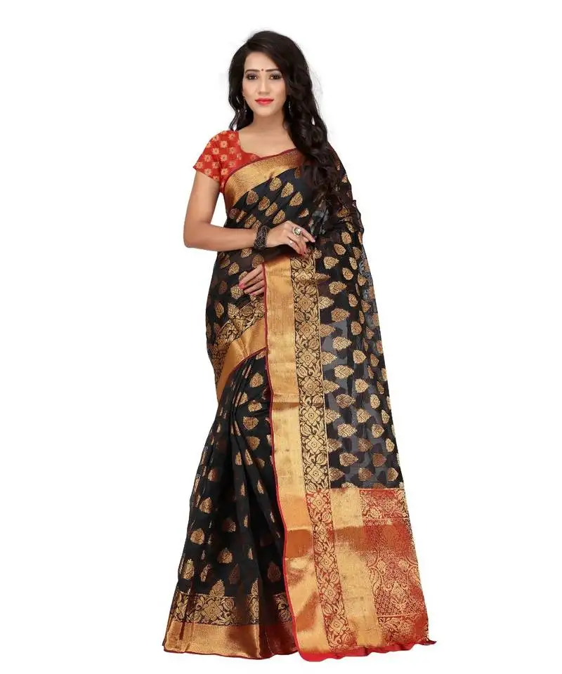 Women's black traditional banarasi kanjivaram poly silk zari work saree