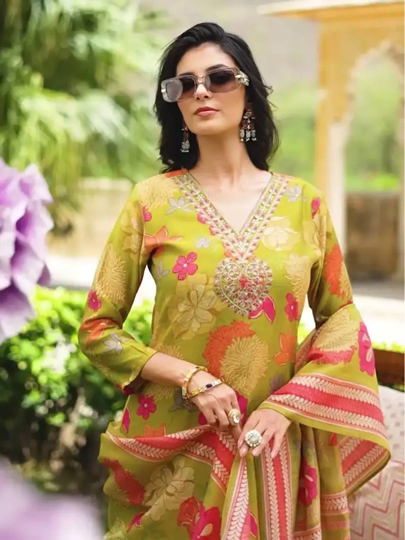 Women lime green viscose rayon floral embroidered straight kurta trousers with dupatta