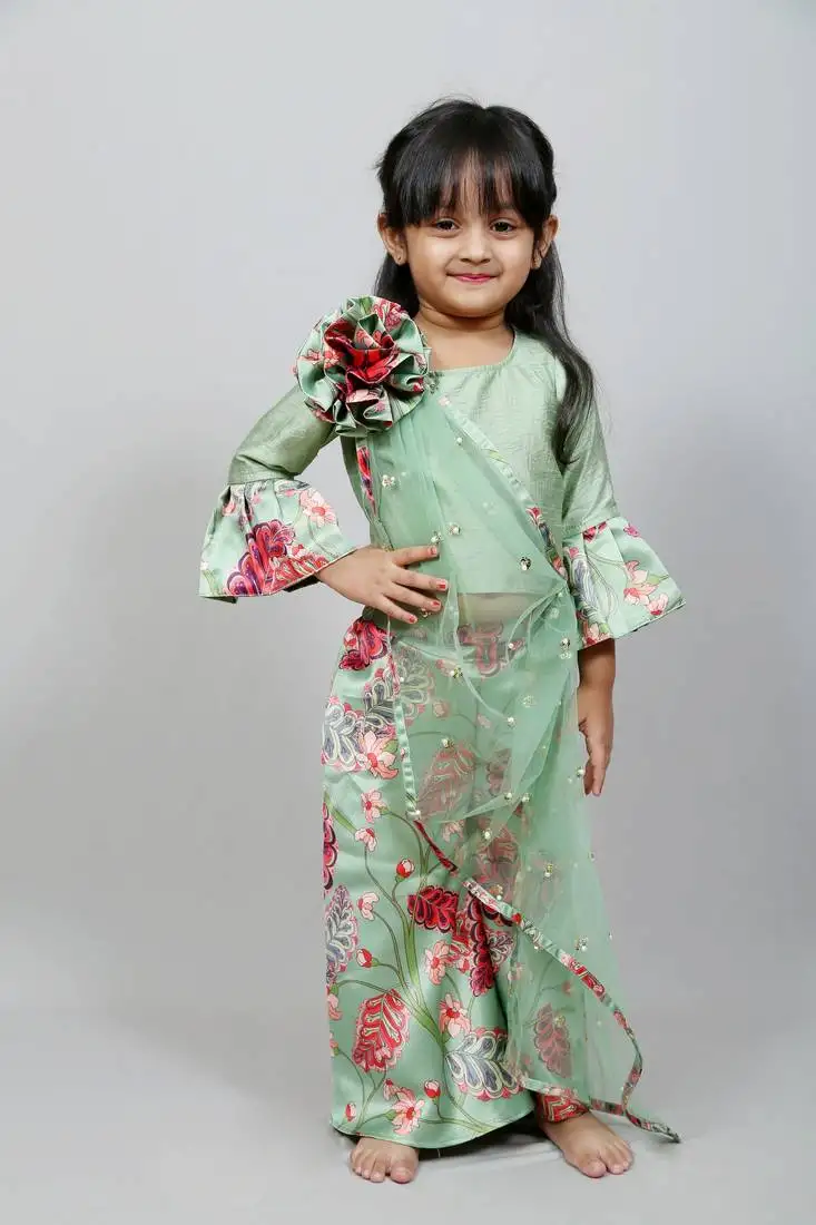 Green top with attached net dupatta n floral green skirt