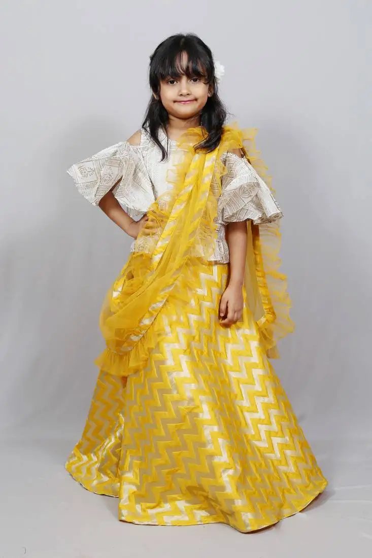 Cold sleeves top with long skirt and frilly dupatta
