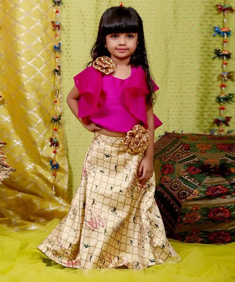 Pink frilled halter neck crop top with ghagara