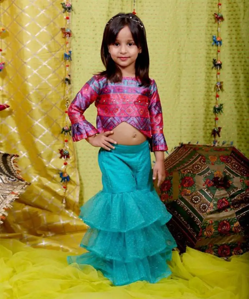 Silk embroidered crop top with sharara