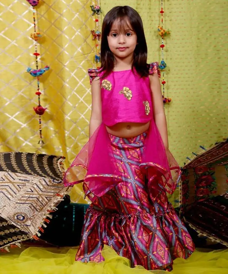 Pink crop top with frill lahenga