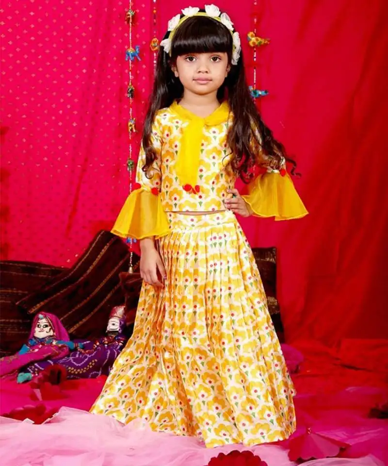 Yellow 3::4 sleeves crop top with pleated long skirt