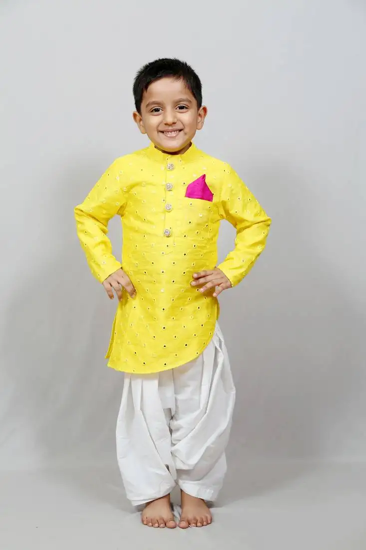 Full sleeves yellow kurta with dhoti for boys