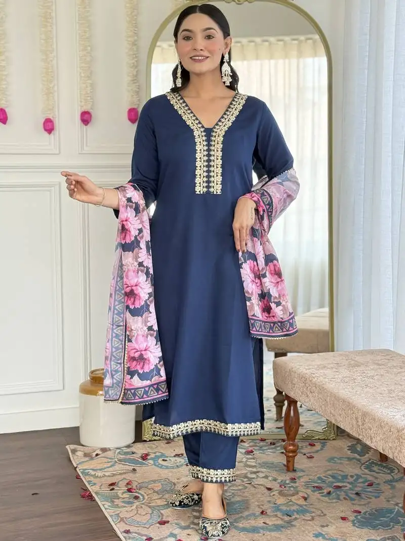 Petrol blue kurta set with floral printed dupatta & gota detailing stitched