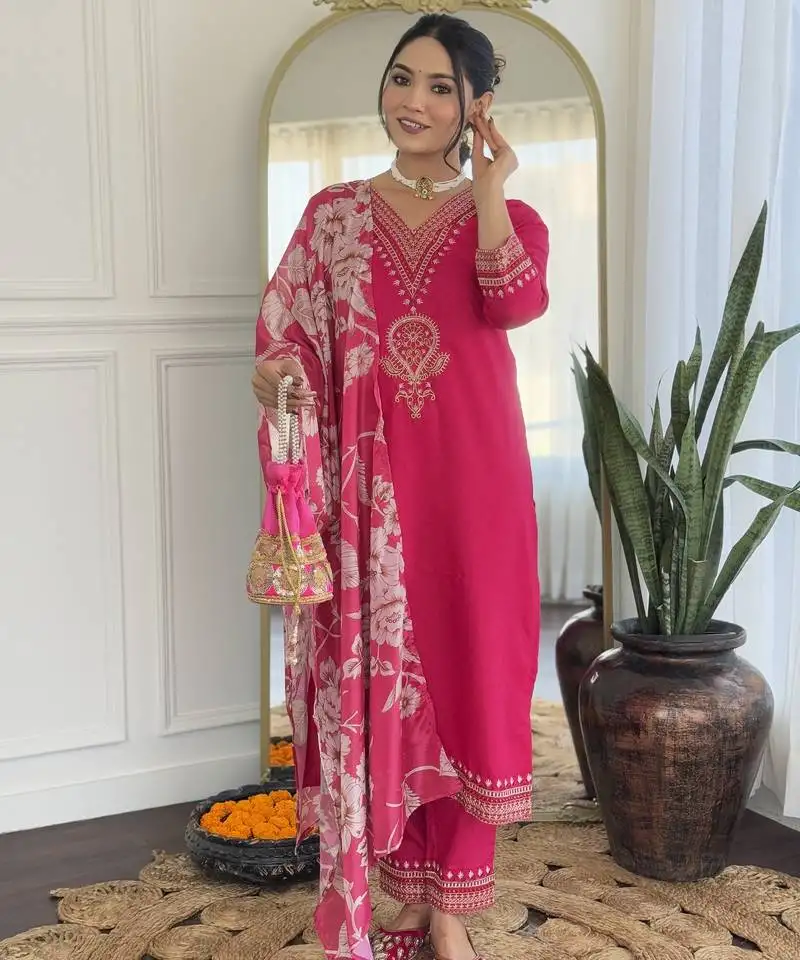 Rani pink kurta set with embroidered v-shape neckline & floral dupatta stitched