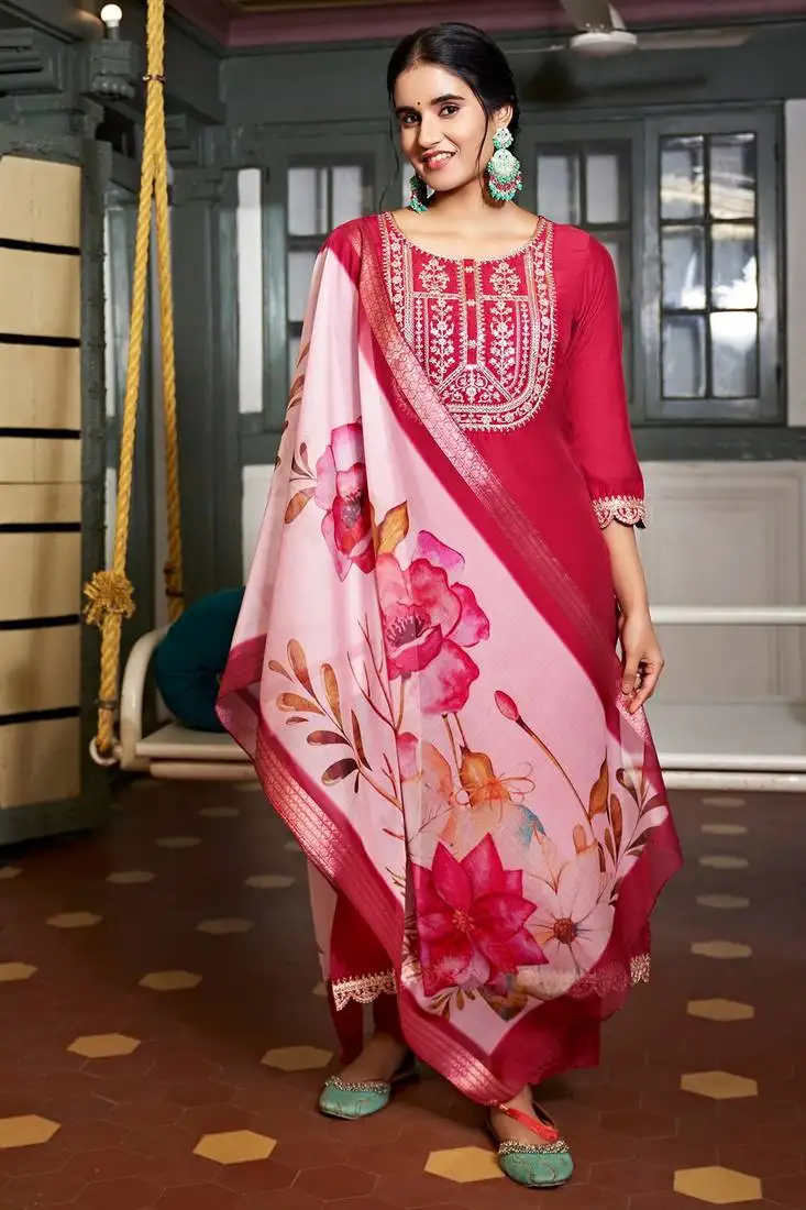 Viscose rayon rani pink color embroidery kurta set stitched