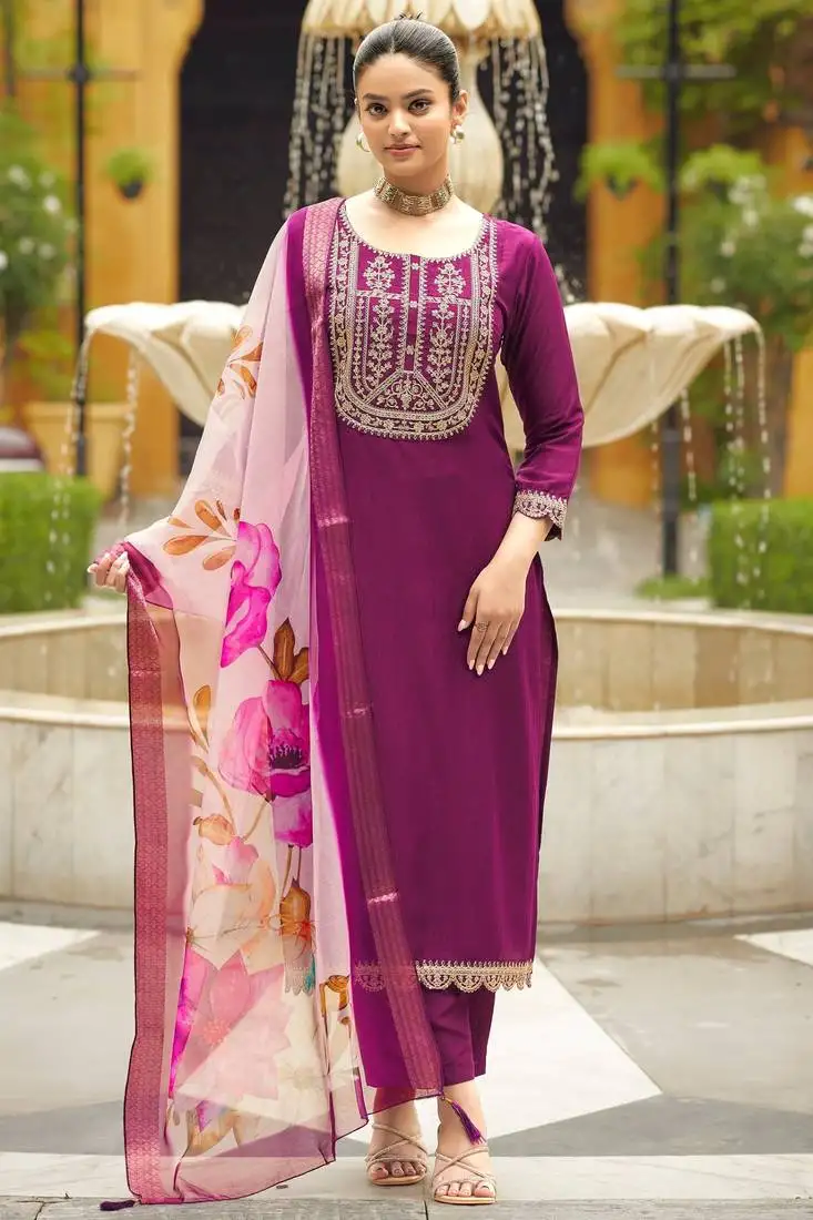 Viscose rayon wine color embroidery kurta set stitched