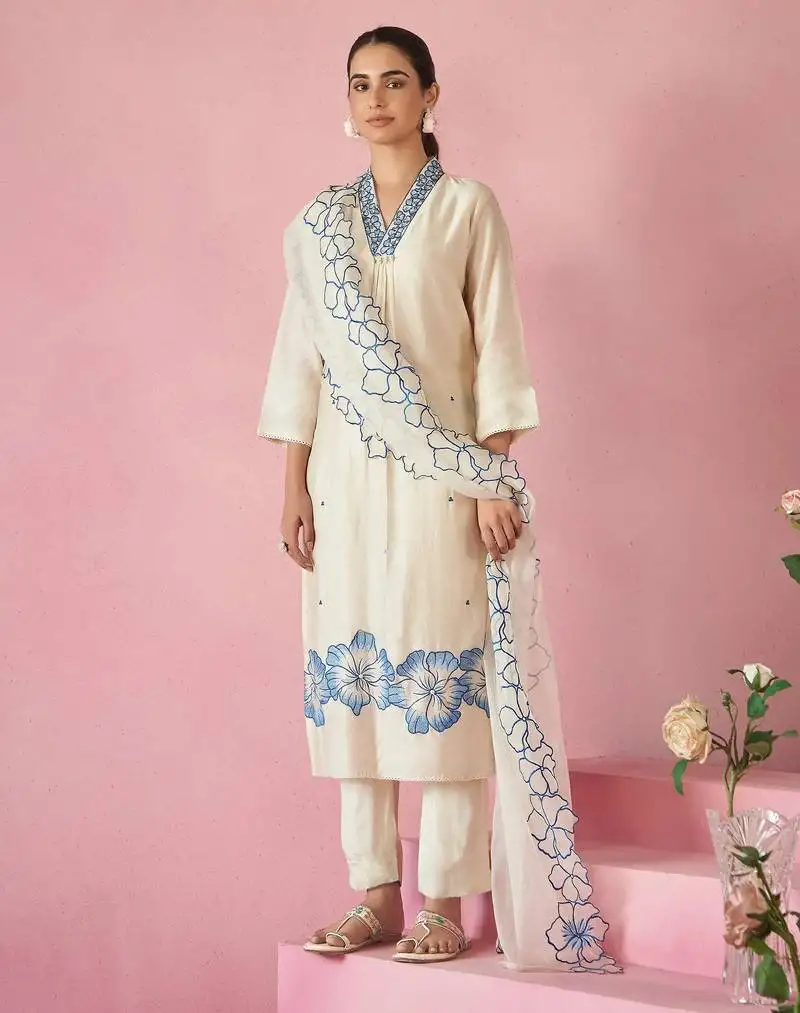 Ivory kurta set with blue floral embroidery & dupatta elegant ethnic wear for women stitched
