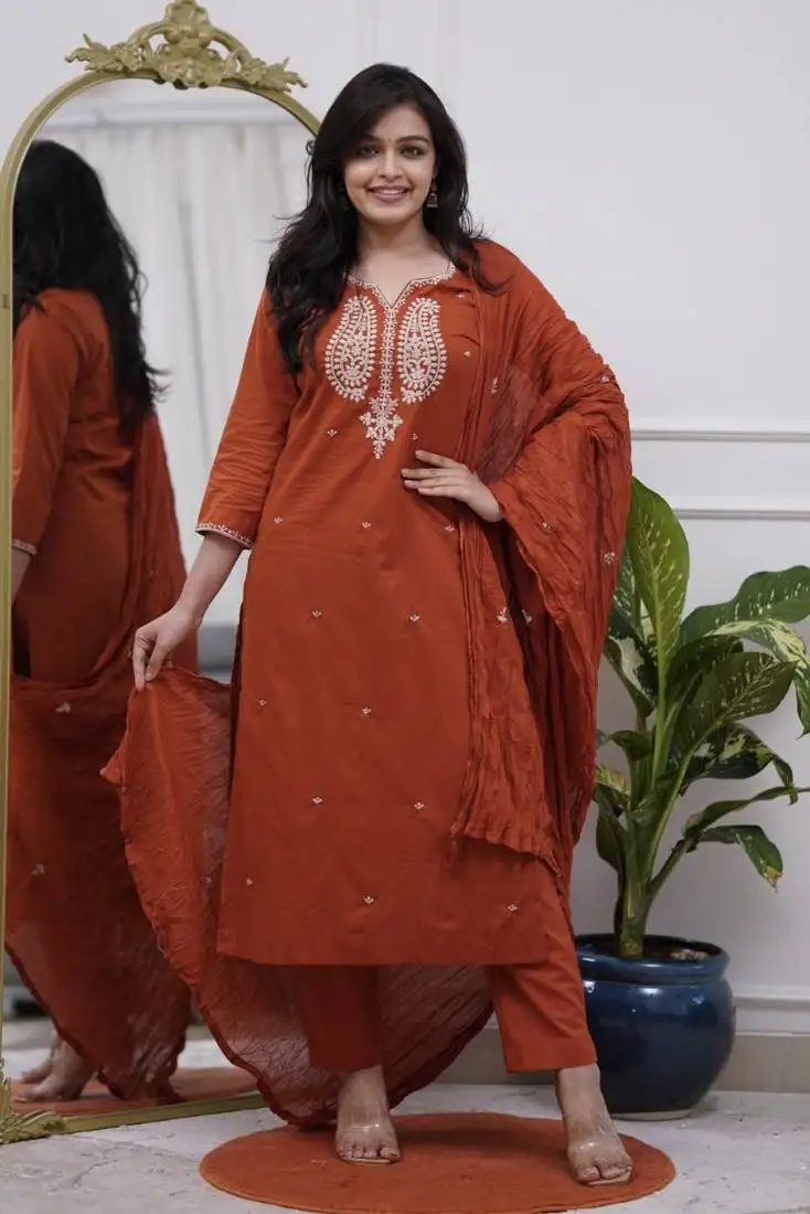 Premium ethnic wear for women featuring a graceful rust kurta set stitched
