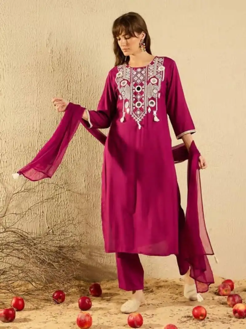 Cherry embroidered viscose kurta pant with dupatta stitched