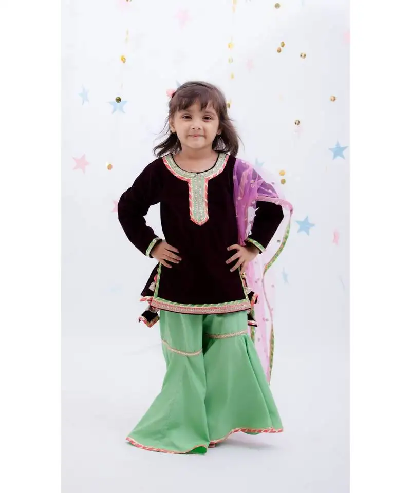 Burgundy velvet green sharara with kurti boti net dupatta for girls
