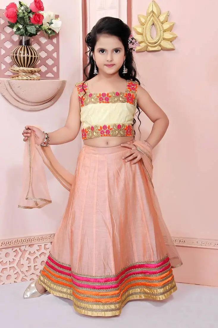 Beige embroidered net lehenga choli dupatta