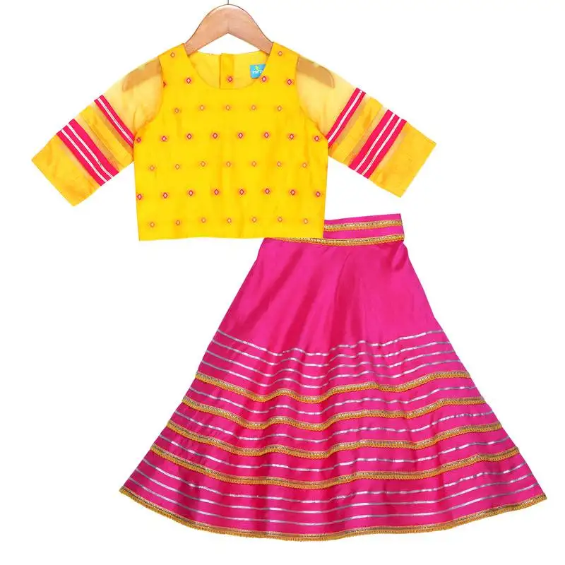 Mustard and fuchsia embellished top with embellished lehenga