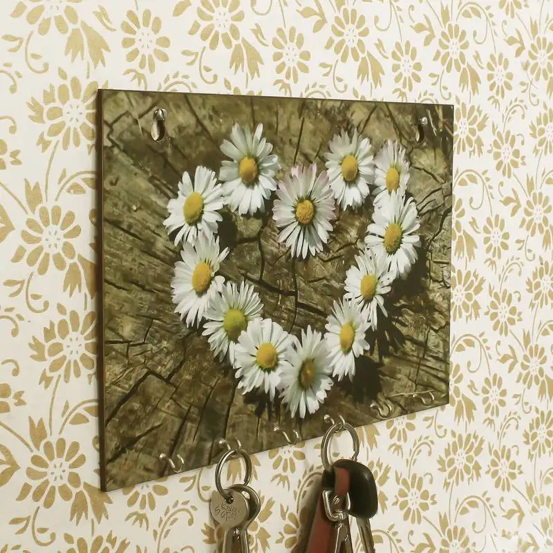 Floral theme wooden key holder with 6 hooks