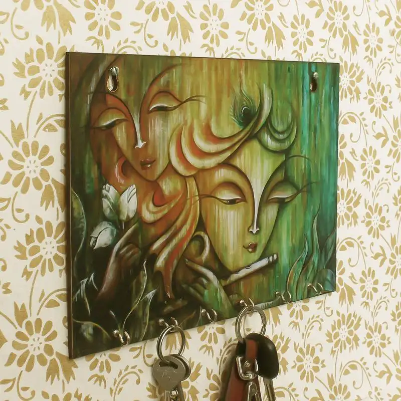 Radhe krishna theme wooden key holder with 6 hooks