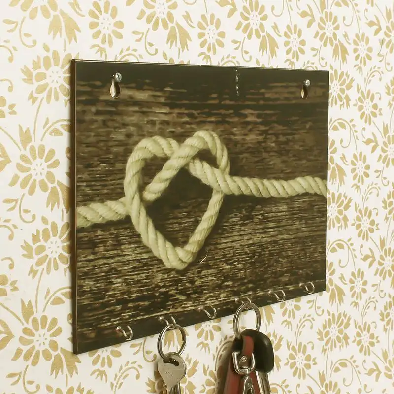 Heart made of rope theme wooden key holder with 6 hooks