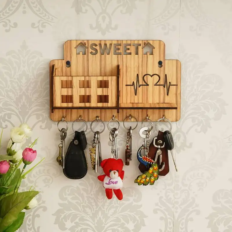 Ecraftindia sweet home multiutility 7 hooks wooden mobile holder and keyholder
