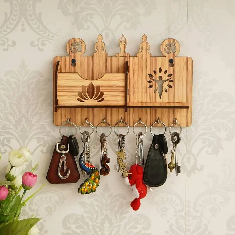 Ecraftindia yoga theme multiutility 7 hooks wooden keyholder