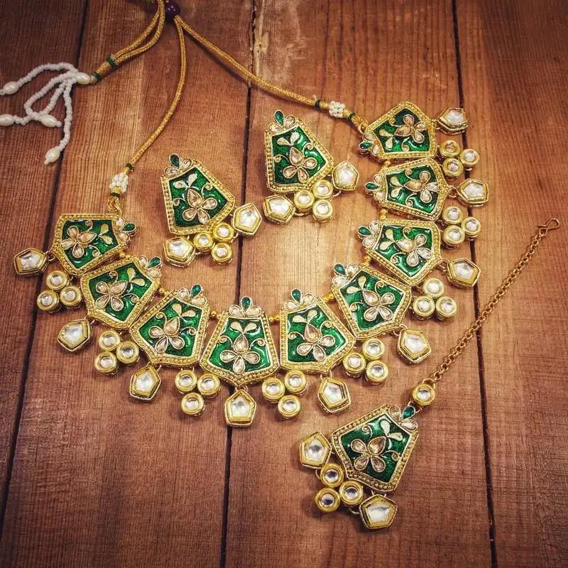 Gold plated kundan meenakari bridal necklace set with earrings & maang tikka for women