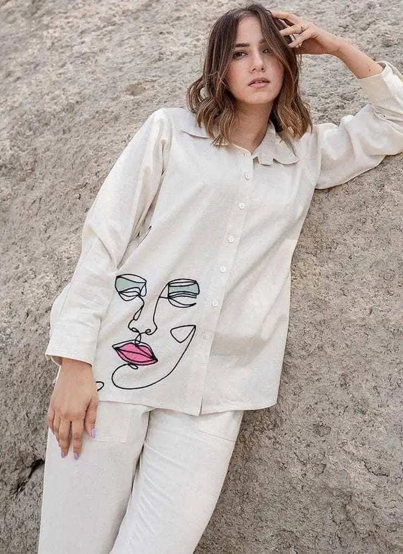 embroidery collar neck shirt with trousers co-ords