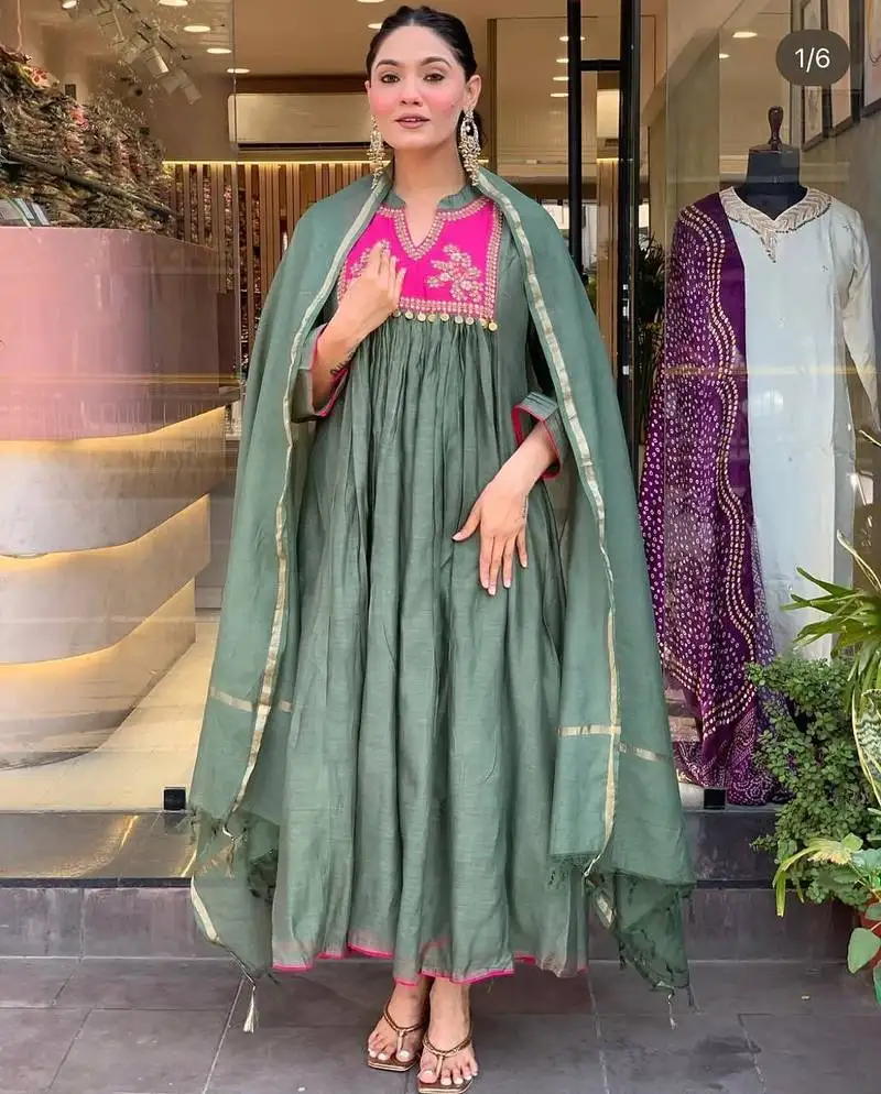 yoke design empire chanderi silk a-line kurta with trousers & dupatta