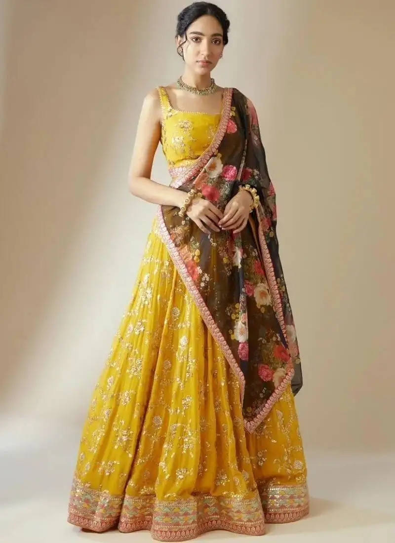 Yellow georgette floral sequin work lehenga choli with dupatta