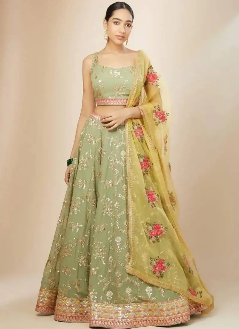 Pista green georgette zari thread sequin embroidery work lehenga choli