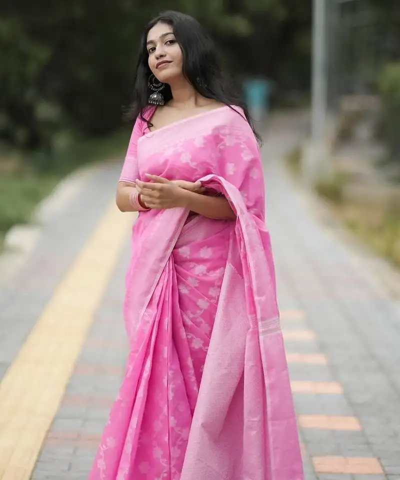 Baby pink cotton silk blend saree with blouse