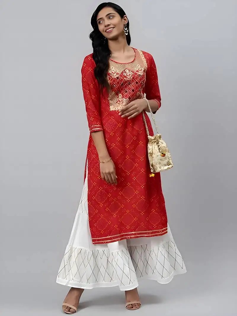 Women's rayon rajasthani bandhej printed mirror work a-line kurti with sharara set