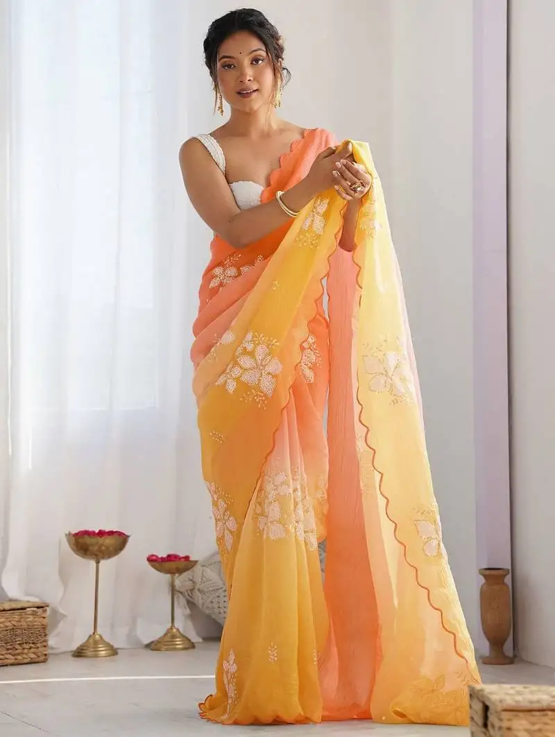 Yellow gold crush embroidered work saree