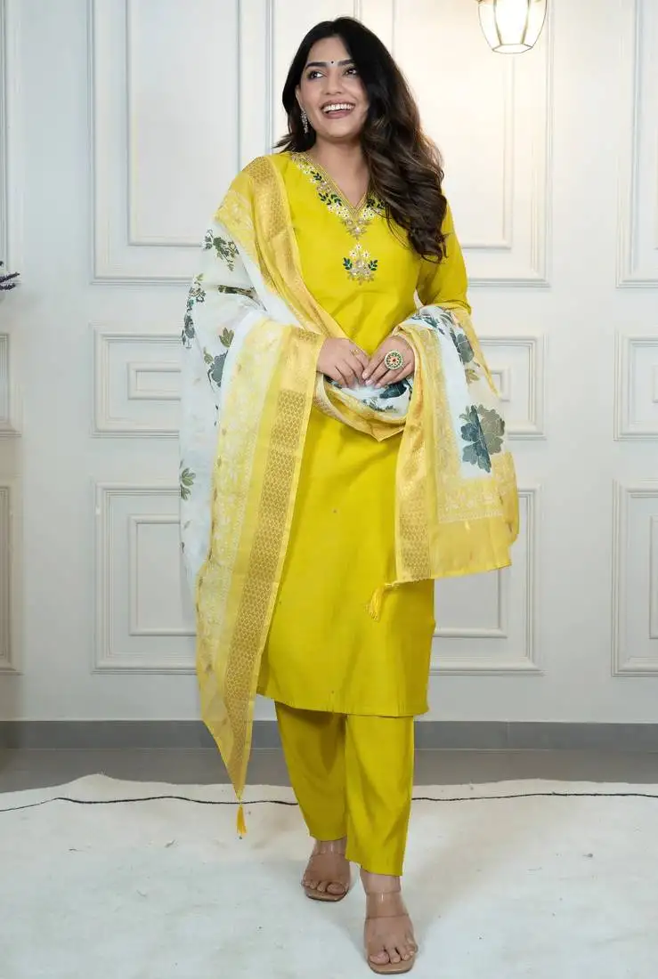 Parrot colour premium roman silk handwork 3piece suit set stitched