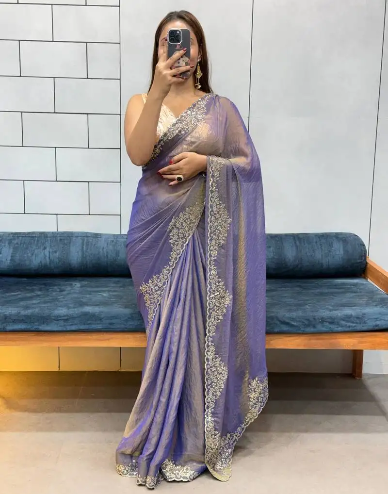 Blue fendy silk blend diamond work saree with blouse
