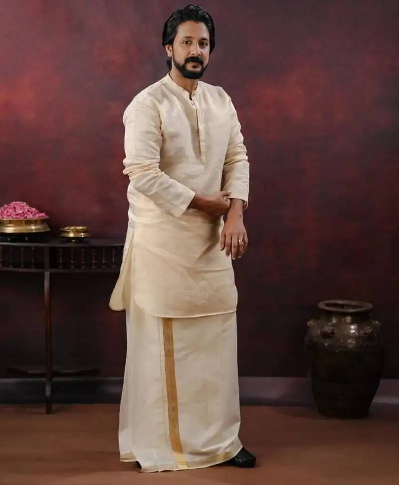 Tissue line gold kurta and mundu set
