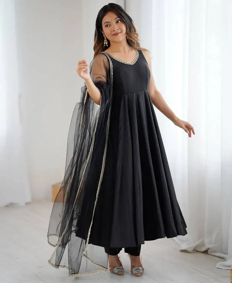 Black elegant roman silk chanderi anarkali suit set for festive occasions stitched