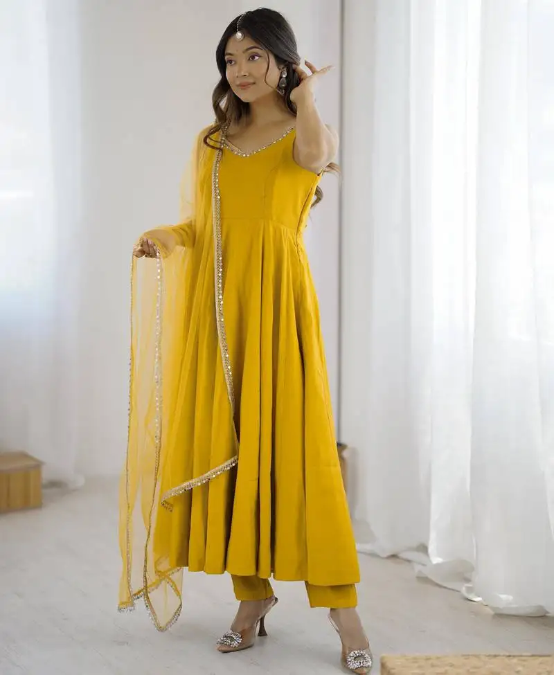 Yellow elegant roman silk chanderi anarkali suit set for festive occasions stitched