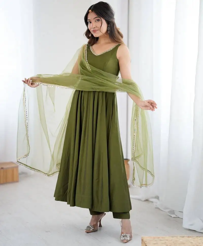 Mehndi elegant roman silk chanderi anarkali suit set for festive occasions stitched