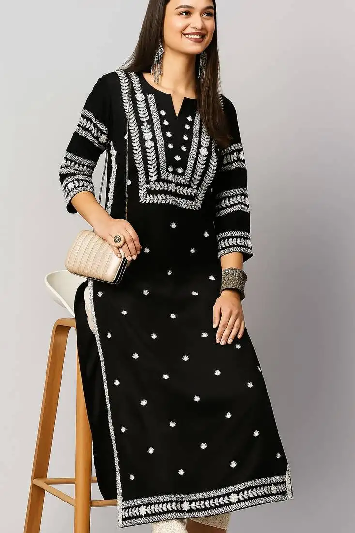 Woman embroidered black rayon kurti