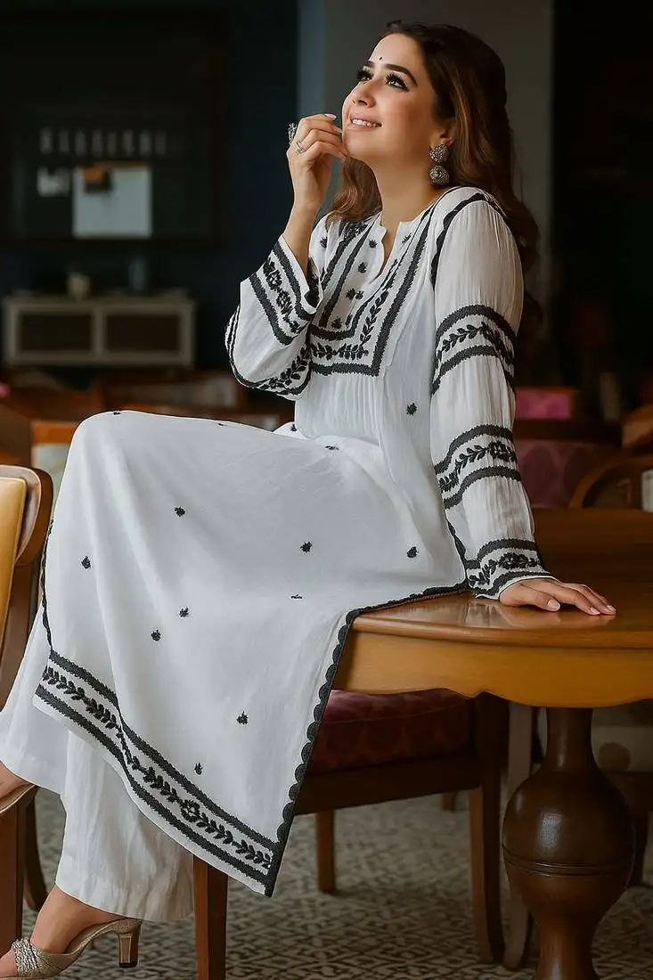 Elegant white & black rayon embroidered only straight kurta for women