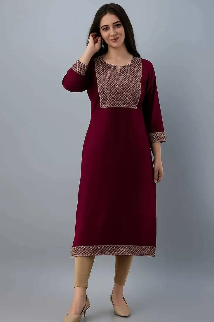Women’s maroon ethnic rayon a-line kurti with designer work