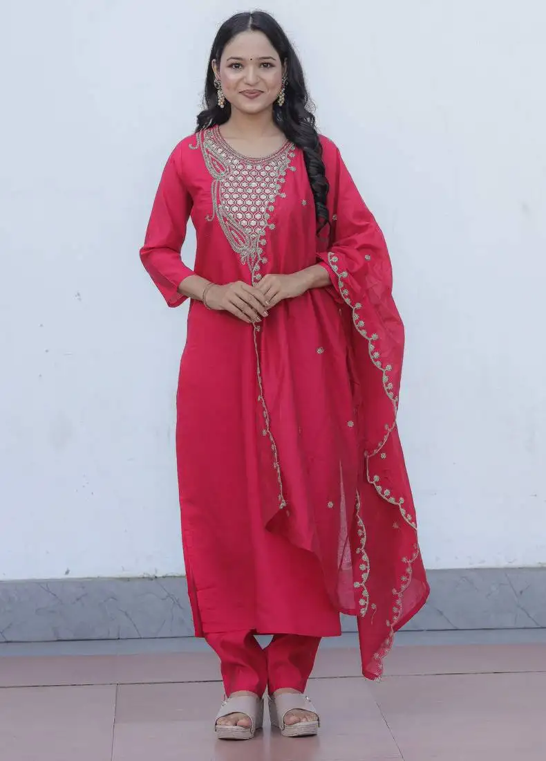 Viscose chanderi fabric embroidery work rani pink a-line kurta set stitched