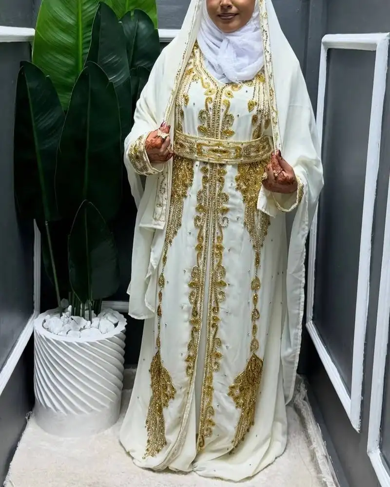 White gold bead kaftan zari handcrafted arabic morrocan wedding dress with worked scarf