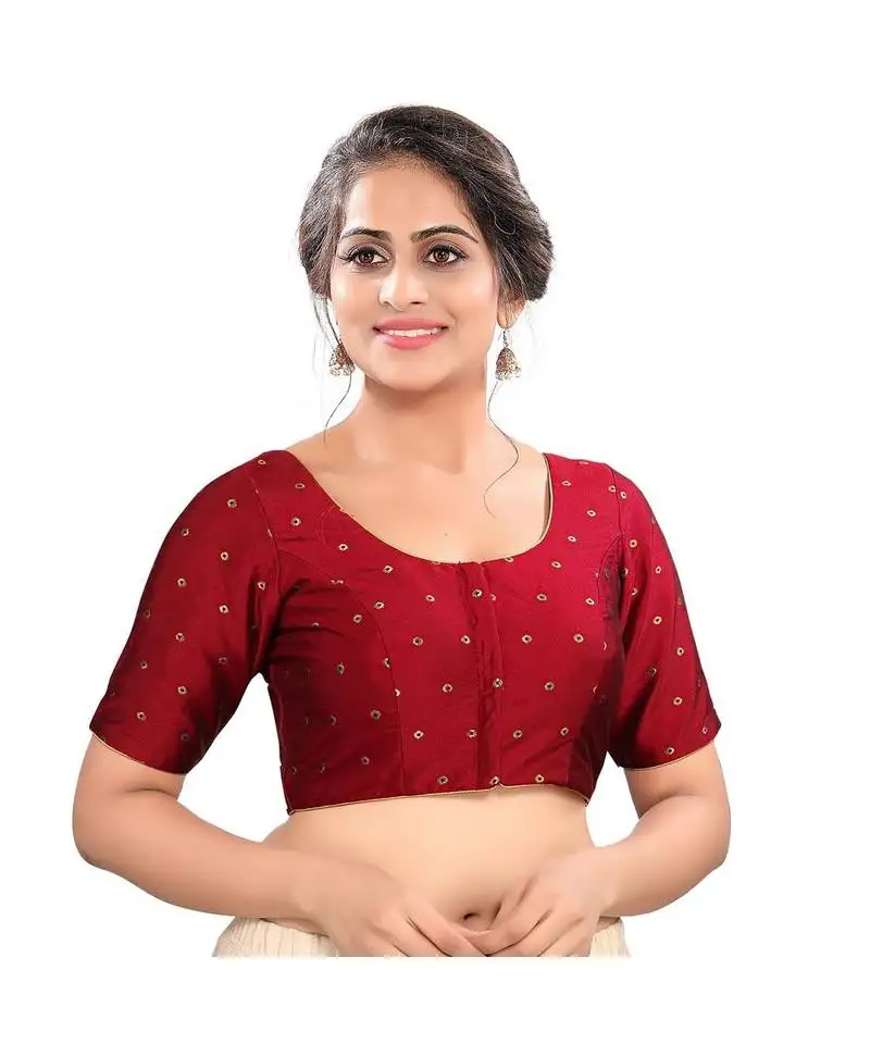 Maroon tafeta silk padded round neck blouse
