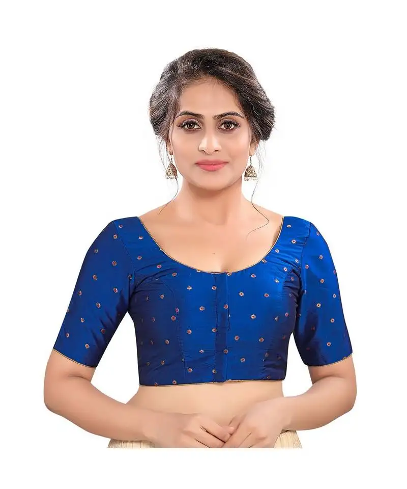 Blue tafeta silk padded round neck blouse