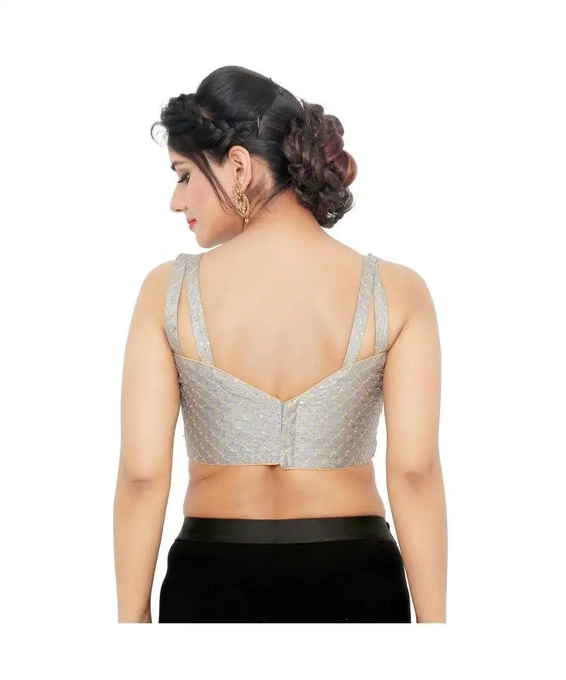 Grey silk padded designer ready made saree blouse