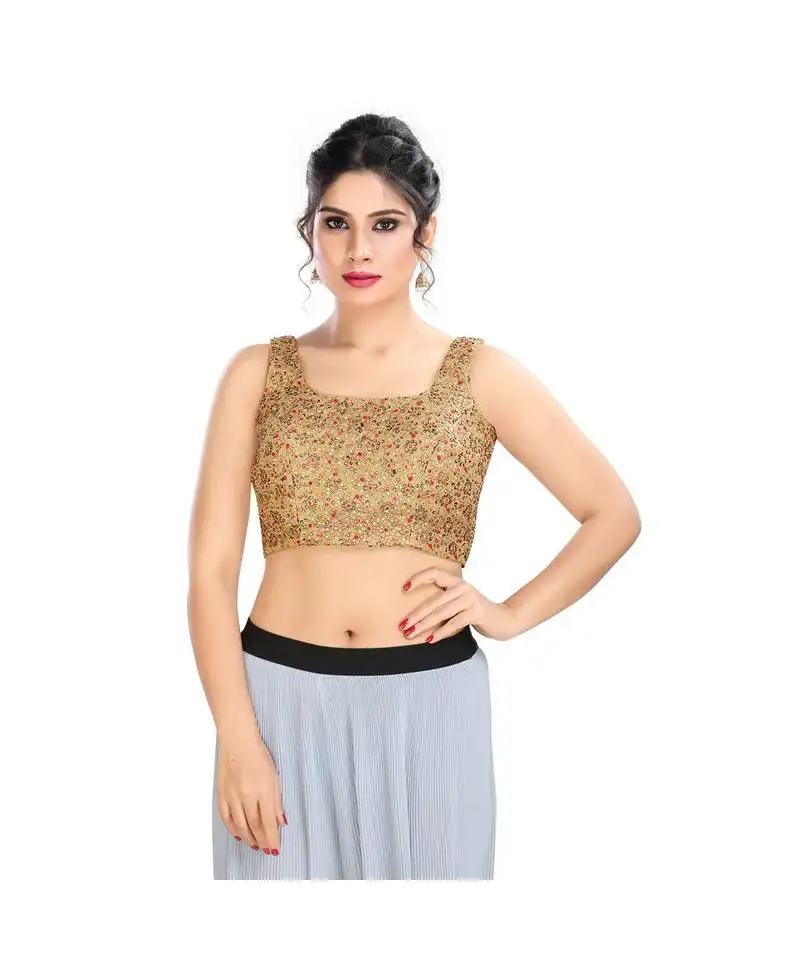 Copper padded back open sleeveless blouse in net.