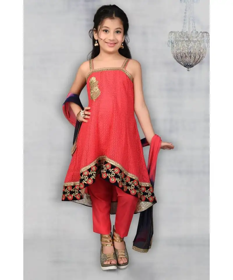 Pink embroidered net stitched kids salwar suits