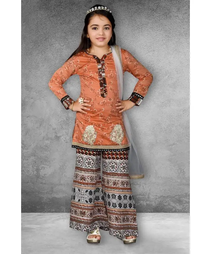 Pink embroidered chanderi silk stitched kids salwar suits