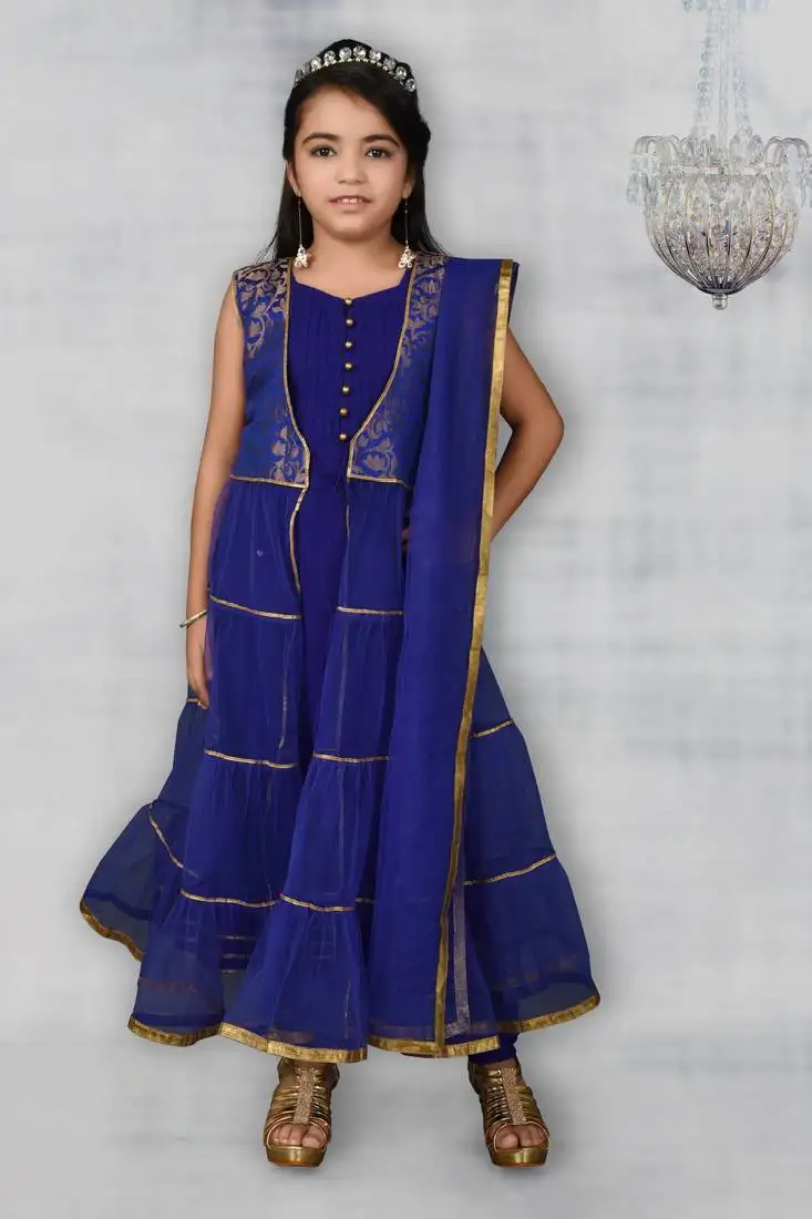 Blue woven net stitched kids salwar suits